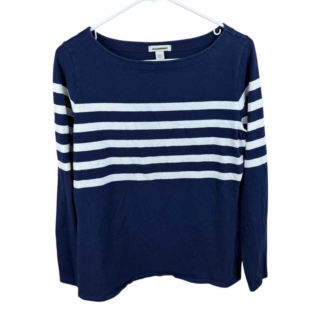 Boston Proper Navy and White Boxy 3/4 Sleeve Stripe Top